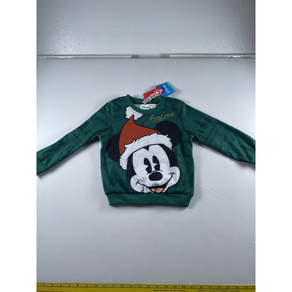 Disney PatPat Mickey Mouse Christmas Green Sweatshirt Santa Hat Toddler 3-4Y NEW